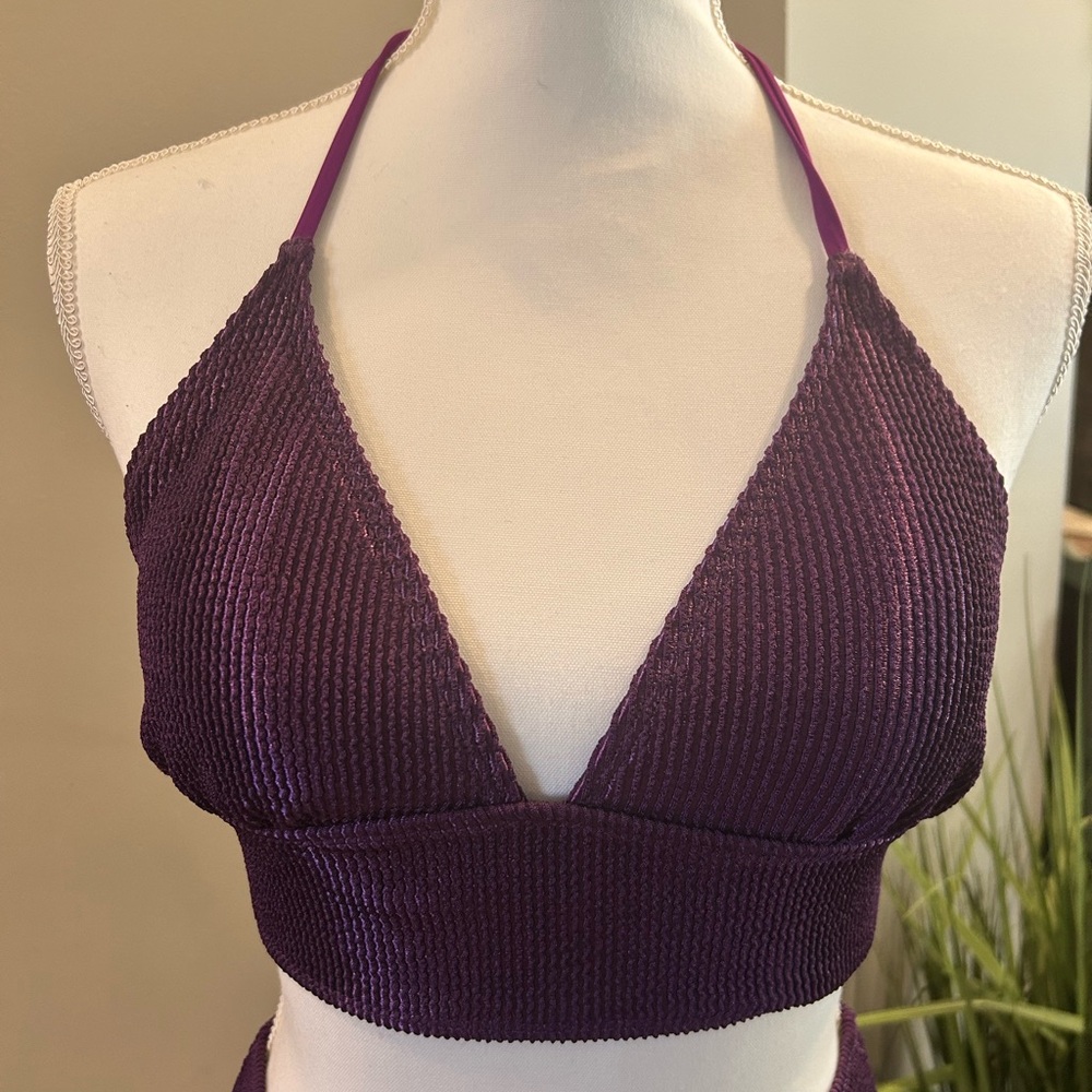 Shiny Purple Ribbed Halter Bikini Top and High Rise bottom M NWT - Picture 3 of 8